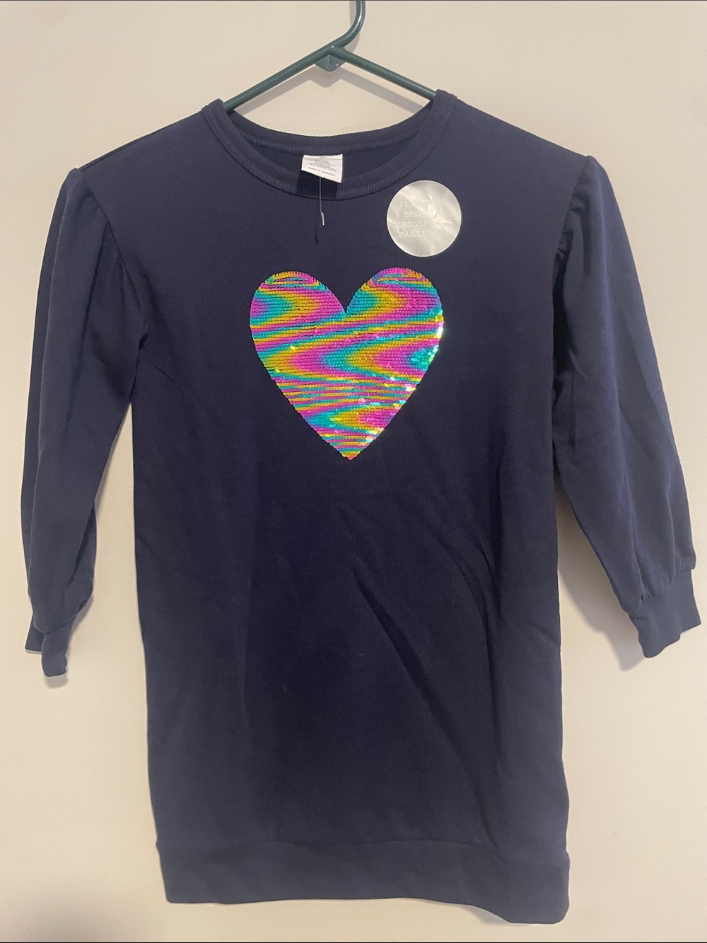 Gap Navy Long-Sleeve sweatshirt dress with Iridescent Rainbow Sequin Heart